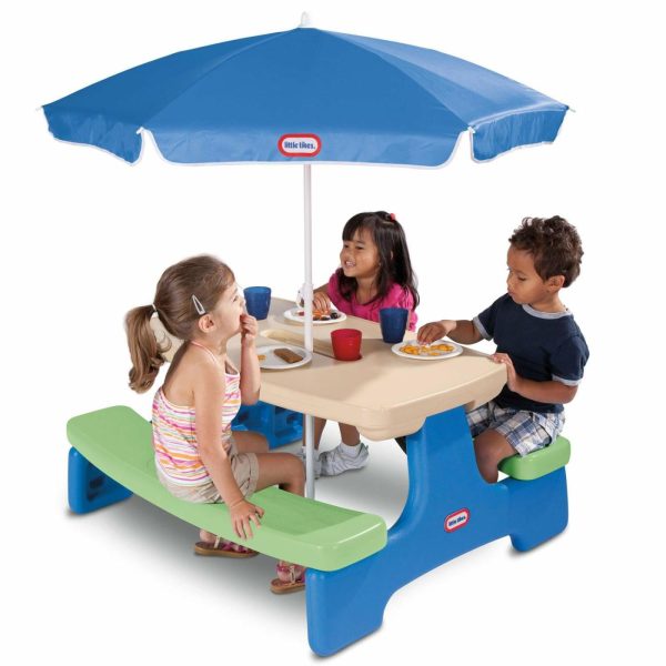 Patio Furniture | Easy Store™ Picnic Table With Umbrella – Blue/Green Furniture Little Tikes